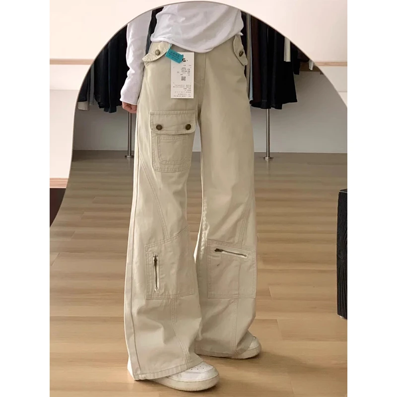 美式设计感多口袋微喇牛仔工装裤女春季新款高腰显瘦直筒阔腿裤子