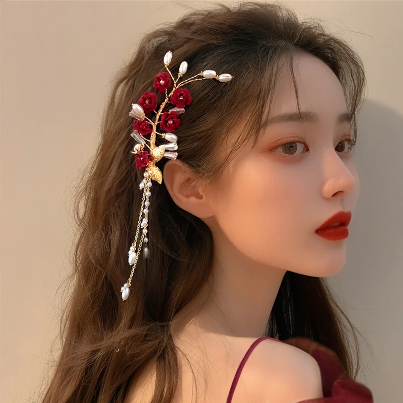 新娘发饰结婚订婚气质发卡中式酒红色玫瑰发夹端庄优雅敬酒服头饰