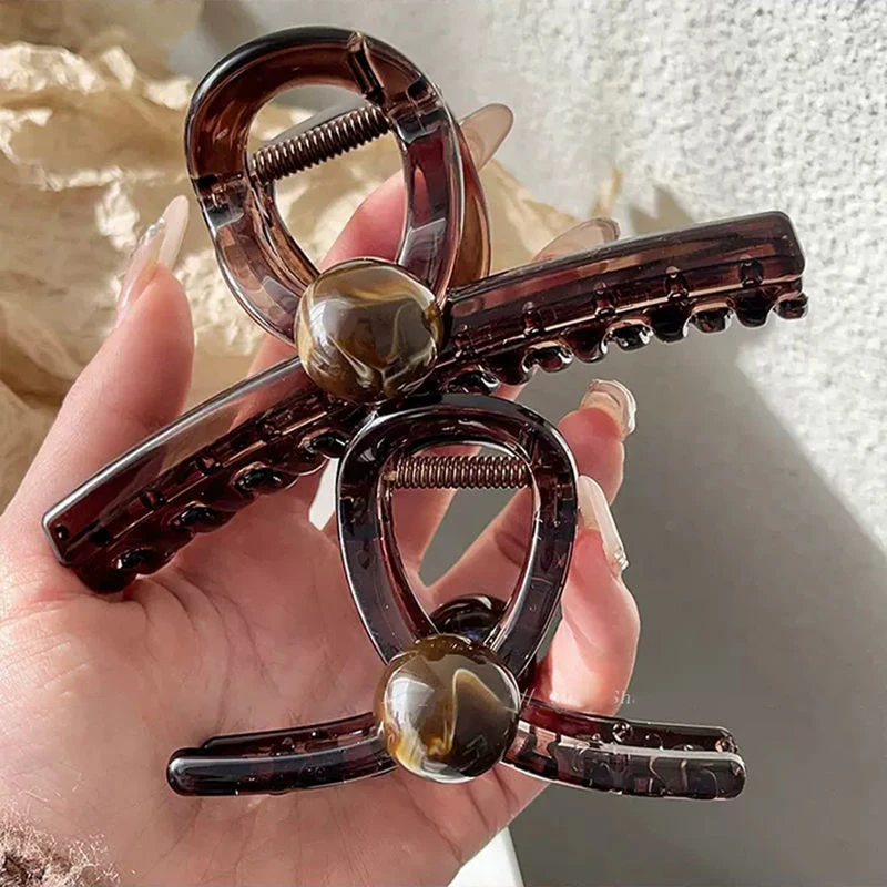 高级感晕染咖色圆球发夹女2024新款爆款盘发抓夹发量多鲨鱼夹头饰