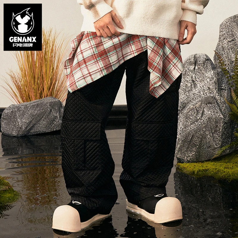 GENANX闪电潮牌秋季新款黑色多口袋垂感直筒长裤宽松休闲裤男
