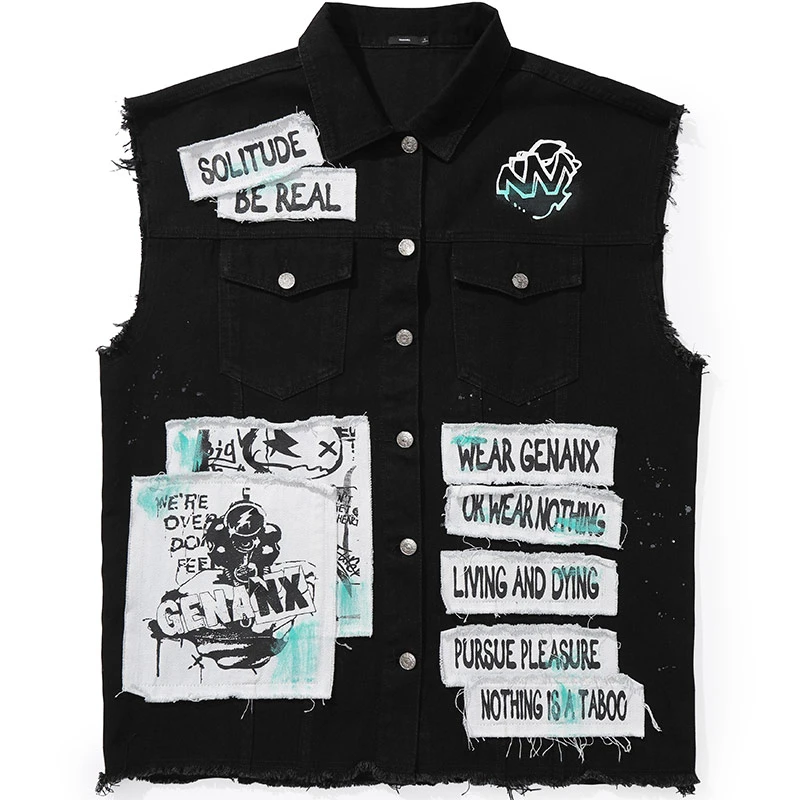 GENANX闪电潮牌个性外搭男印花贴布复古宽松毛边牛仔马甲男