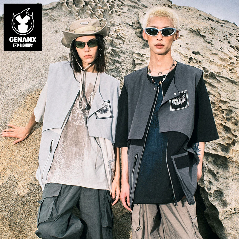 GENANX闪电潮牌新款街头美潮户外不规则叠层拼接撞色工装口袋马甲