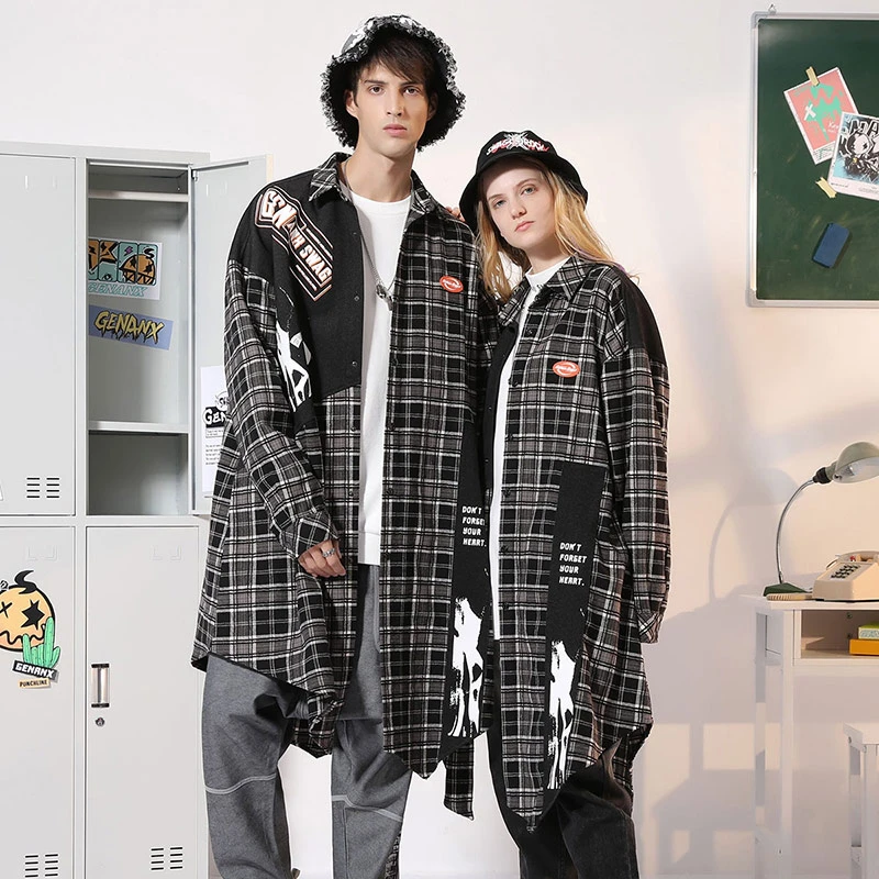 GENANX闪电潮牌格纹衬衫春季不规则撞色拼接中长款衬衫男DL336