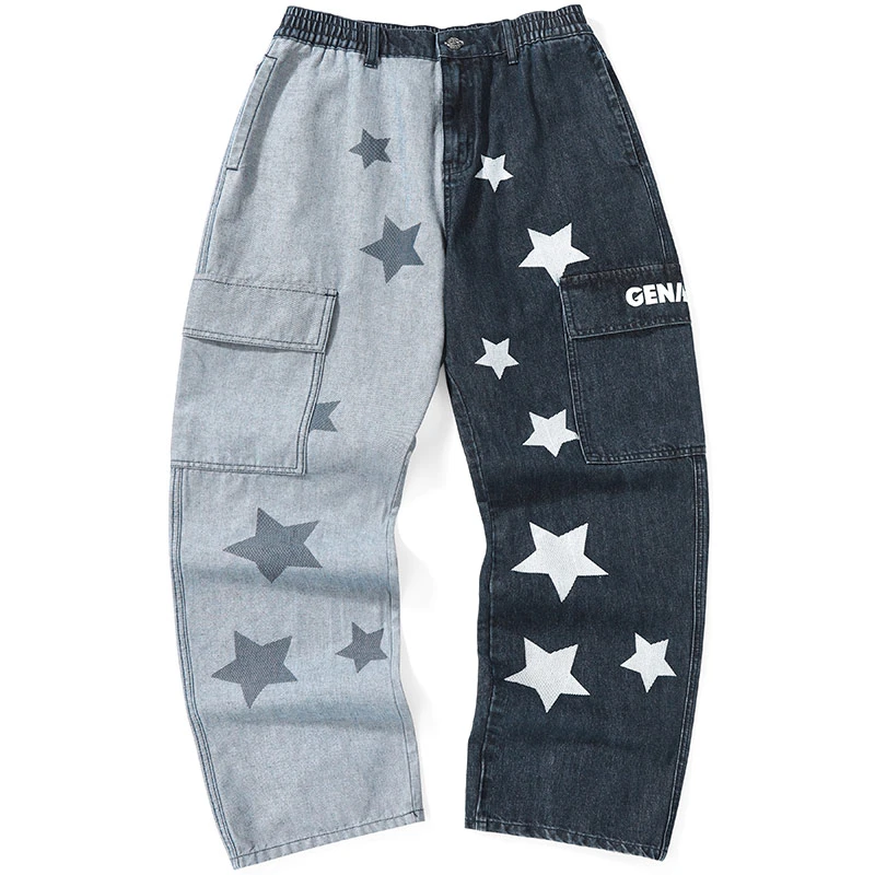 GENANX闪电潮牌牛仔长裤宽松直筒星星撞色拼接工装牛仔裤P392