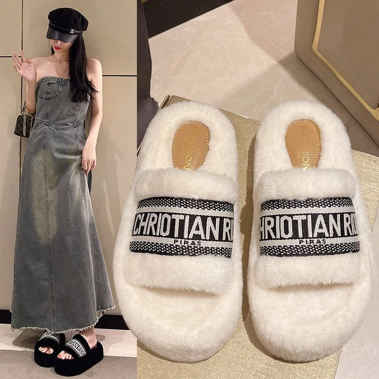 爆款毛毛拖鞋女冬季外穿2024新款刺绣高级感网红厚底毛绒棉拖春秋