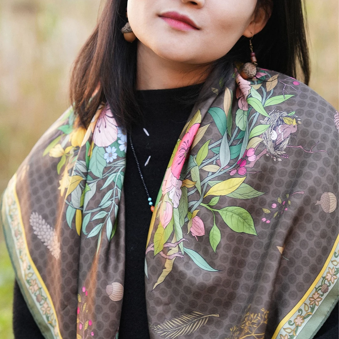 颜小祝原创双面印花山野系列山野漫漫丝巾田园风情气质时尚送妈妈