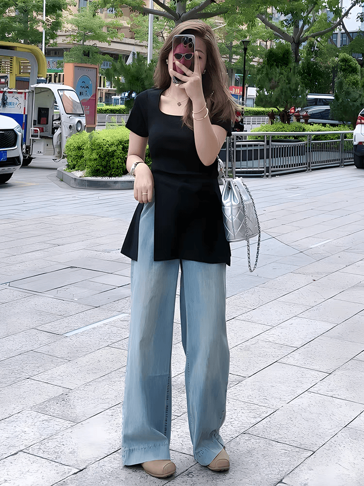 涵涵家~设计感侧开叉大码胖mm显瘦遮肚子t恤#6559