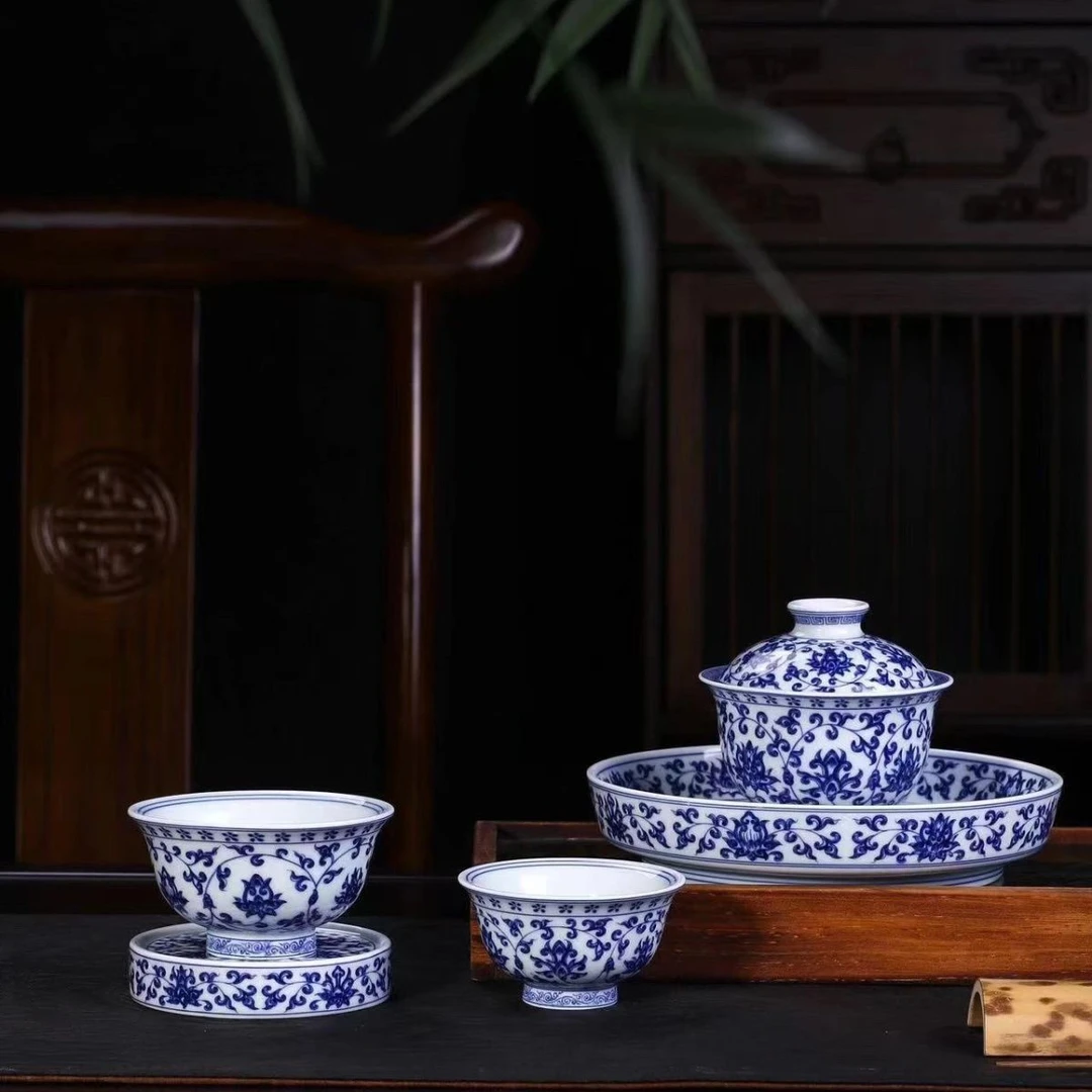 景德镇陶瓷茶具青花缠枝莲套装五件套釉下彩白瓷中式家用高档