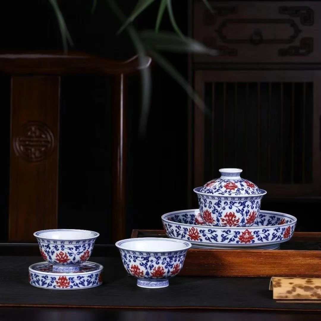 景德镇陶瓷青花瓷青花釉里红缠枝莲整套茶器仿明永乐缠枝中式高端