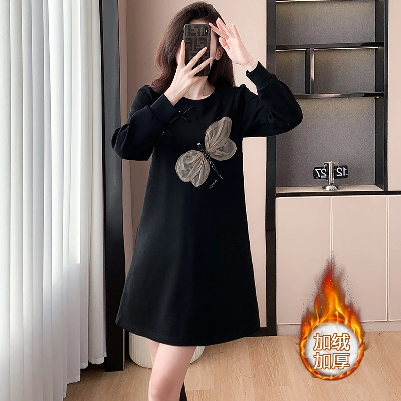 时尚减龄韩版显瘦秋冬打底外穿百搭辣妈小黑裙大码加绒宽松休闲