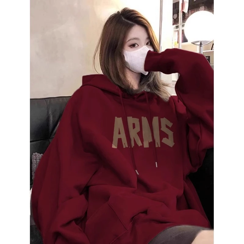 酒红色高级感卫衣女秋冬加绒加厚连帽宽松美式高街外套慵懒风上衣