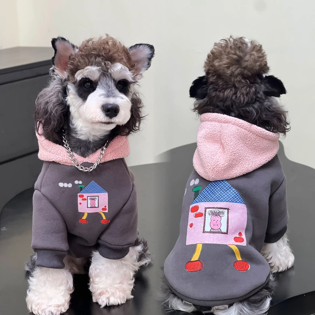 宠物猫咪狗狗衣服 秋冬加绒纯棉灰身粉帽子卫衣 中小大型犬服饰