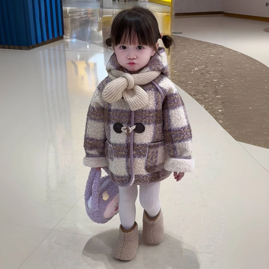 女童外套2023冬新款中小童宝宝洋气韩版毛呢大衣加厚格子呢子儿童