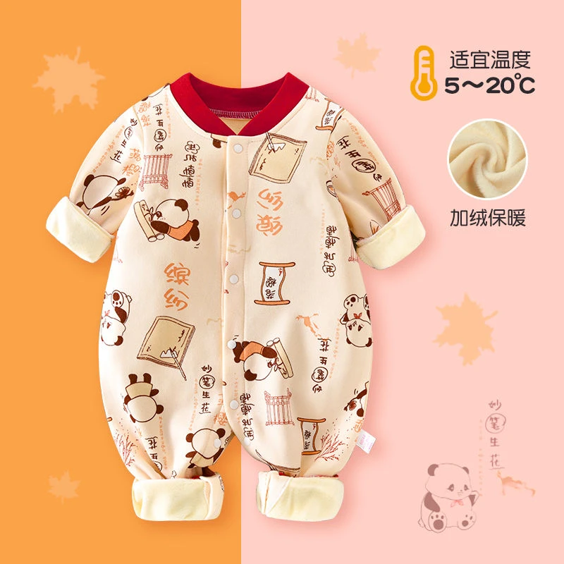 婴儿新款加绒连体哈衣男宝爬服女宝秋冬新生儿加厚保暖外出服抱衣