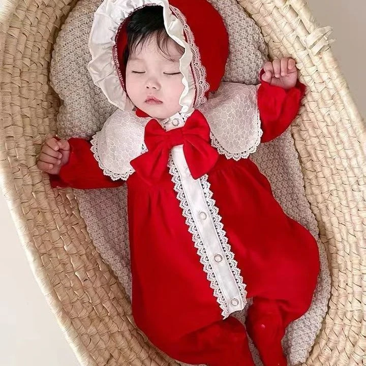 婴儿衣服连体衣女宝宝超萌宫廷风哈衣满月百日宴春季爬婴儿拜年服