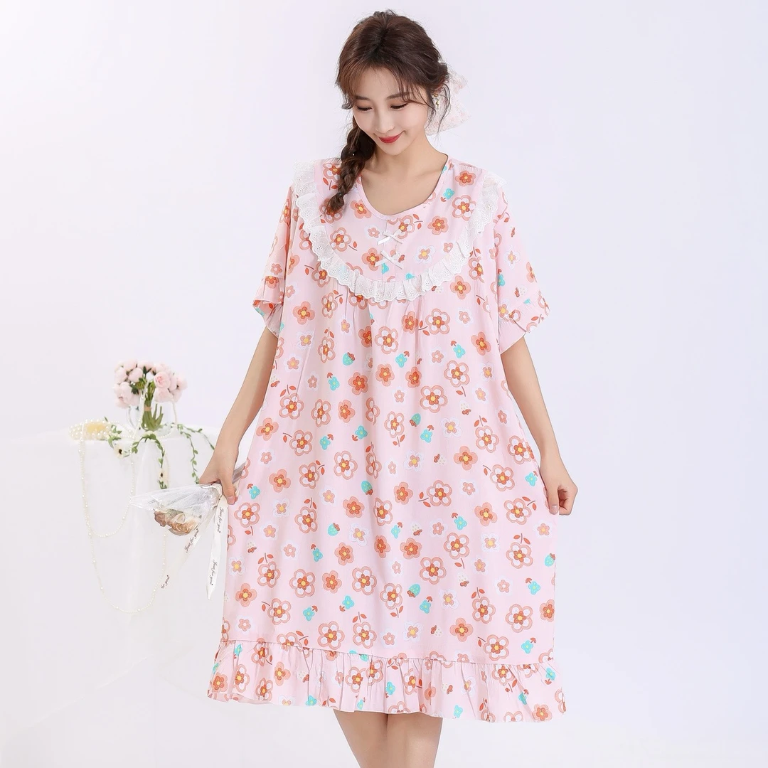 3490夏季新款人棉棉绸宽松版短袖睡裙