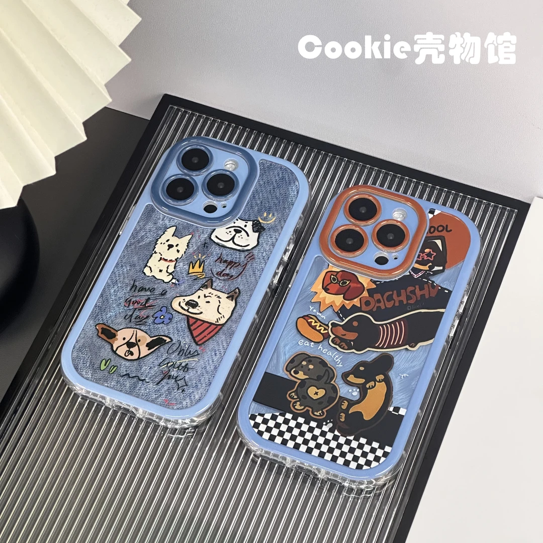 手机壳适用苹果16pro/15精孔格子牛仔腊肠狗可爱高级感奶油羽纱壳