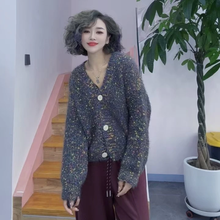 韩系彩色花线针织开衫秋冬季2024新款V领长袖宽松慵懒毛衣