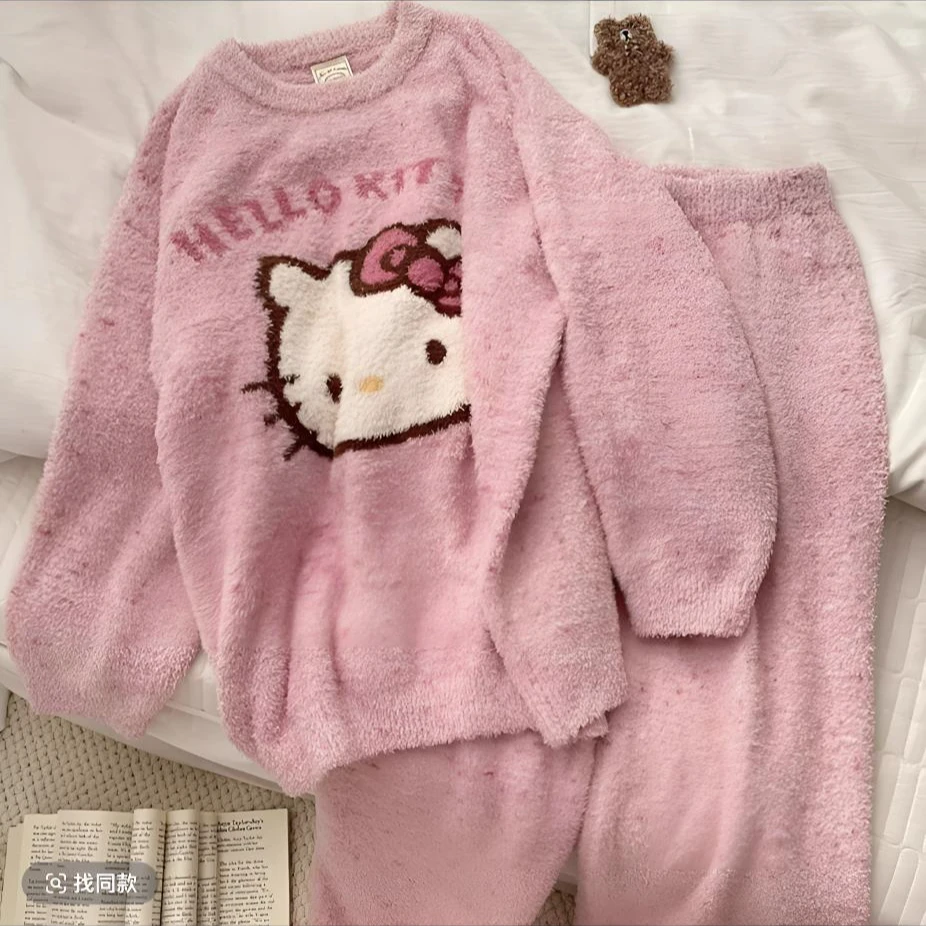 软糯KT猫羊羔绒珊瑚绒加厚加绒睡衣秋冬珊瑚绒套装卡通家居服套装