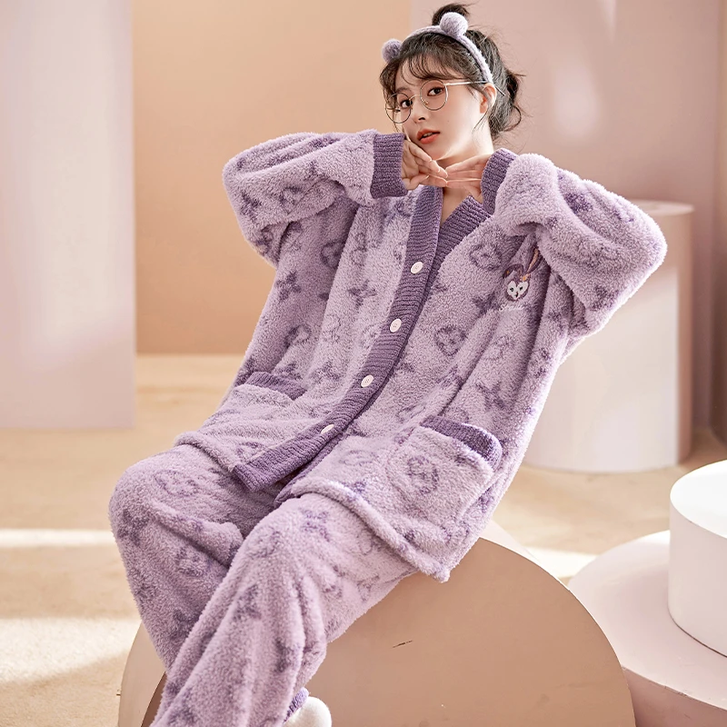 2024年爆款长毛绒睡衣女士厚款冬季保暖防寒加绒香芋紫家居服外穿