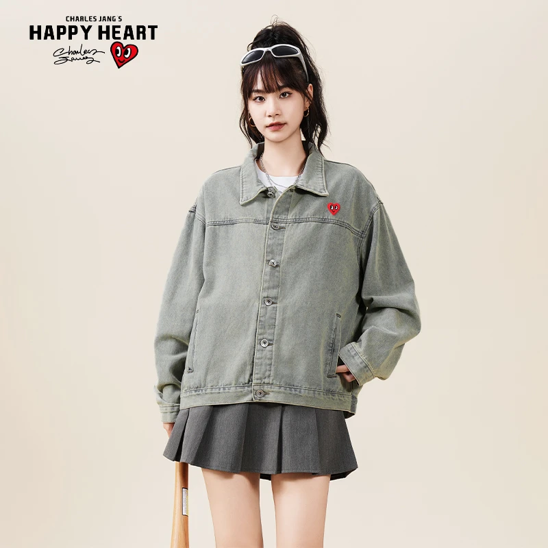 查尔斯桃心 复古牛仔外套男女同款磨白秋季休闲宽松爱心夹克x