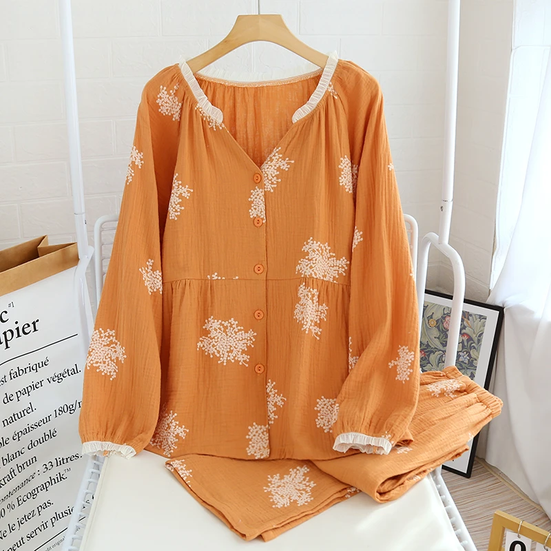 2023新款纯棉纱布睡衣女套装春夏轻奢休闲棉纱长袖家居服透气宽松