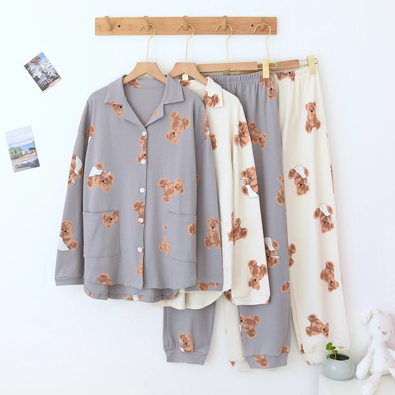 春秋纯棉睡衣小熊女款家居服套装长款厂家直销长袖女士开衫睡衣