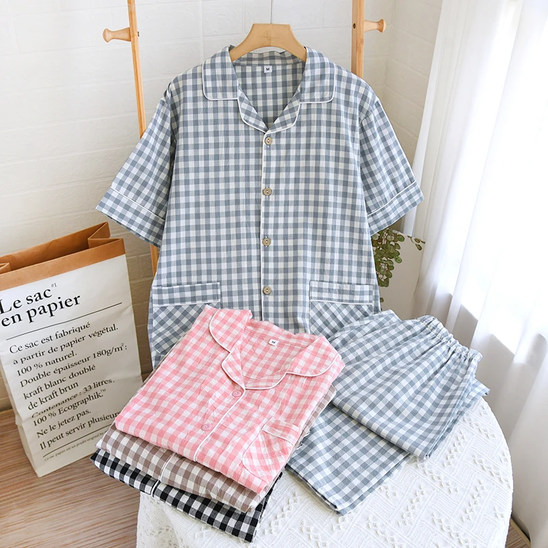 夏季宽松纯棉情侣格子睡衣春夏全棉翻领水洗棉薄款男士家居服套装
