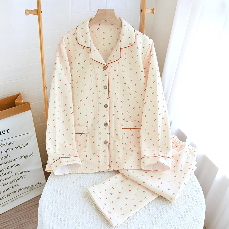 秋冬季三层夹棉睡衣大码套装空气棉长袖翻领春秋季宽松吸汗家居服