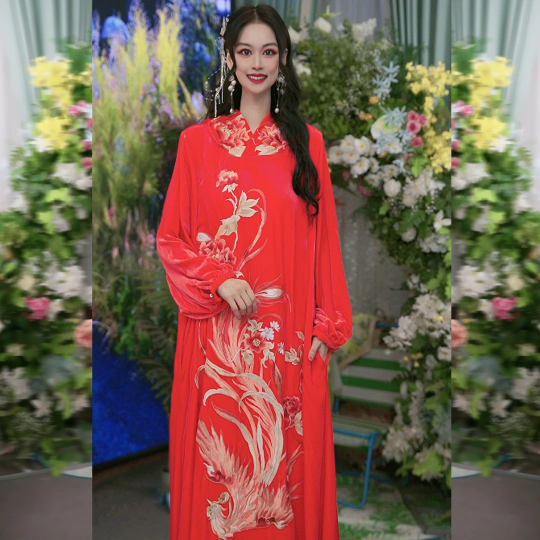 【徐姐】国风优雅时尚丝绒绣花长款连帽宽松女装连衣裙 233D126