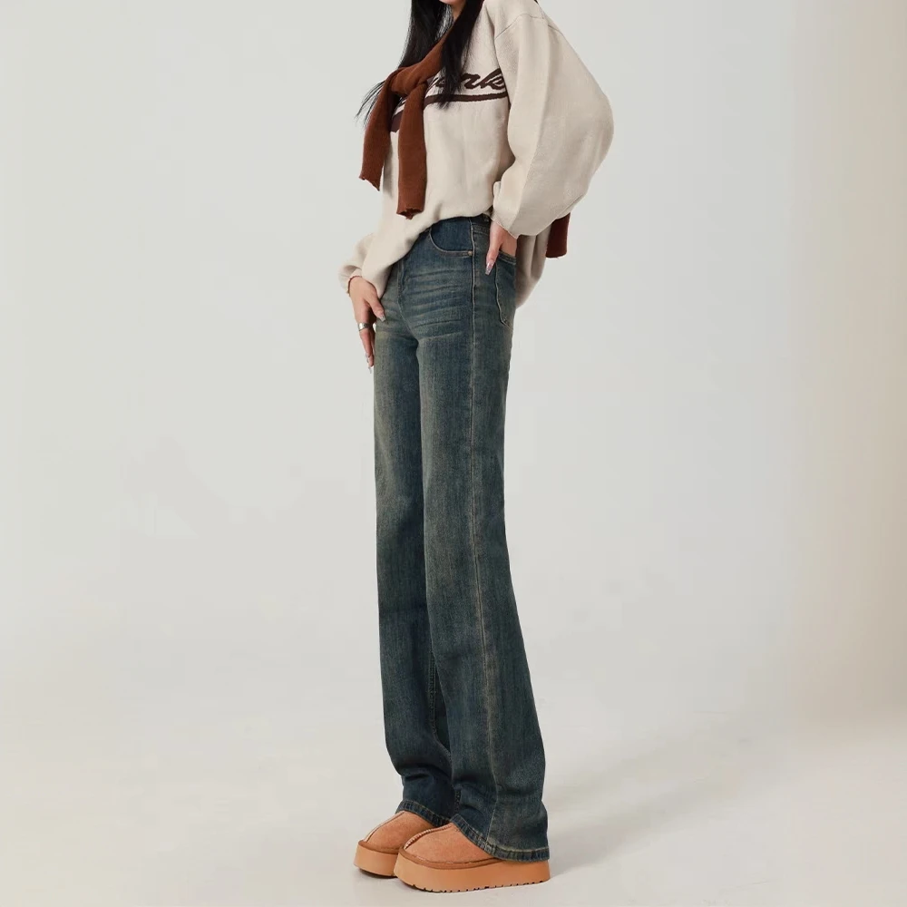 高腰窄版直筒裤显瘦牛仔裤女2024新款秋冬宽松弹力烟管百搭拖地裤