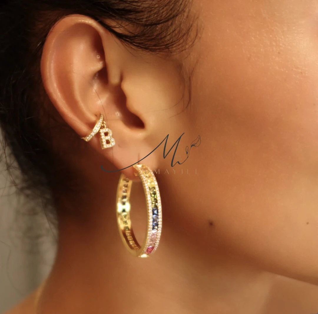 黄铜锆石耳饰 MAYILI彩色锆石大圈铜耳环