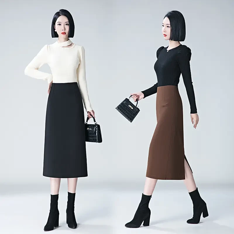 高级感毛呢半身裙女春秋冬黑色毛呢开叉A字长裙高腰直筒包臀裙子