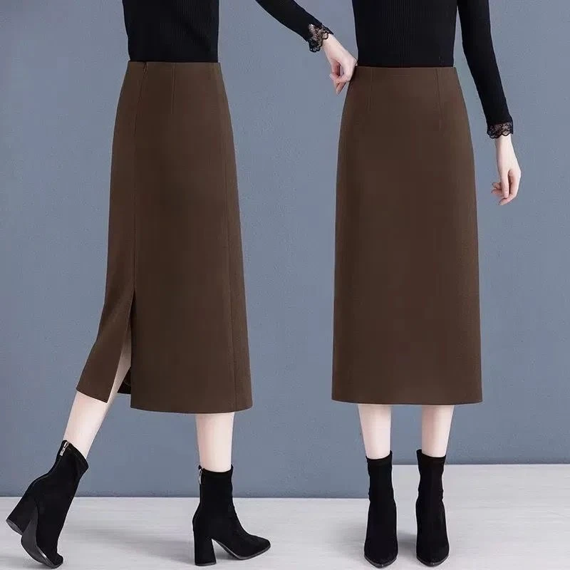 毛呢半身裙女秋冬新款高级感中长款高腰开叉加厚直筒包臀一步裙子