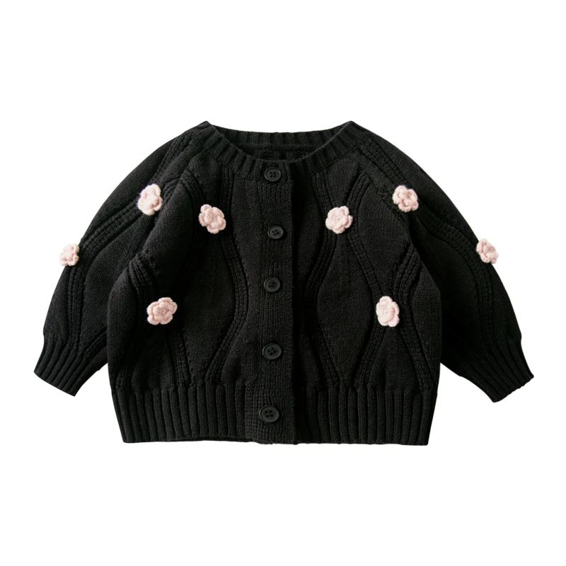DJ儿童毛衣外套新款宝宝春秋针织衫女童粗线圆领洋气童装小花