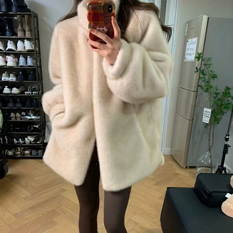 皮毛一体毛毛外套女中长款冬仿皮草高级感立领水貂绒毛绒大衣简约