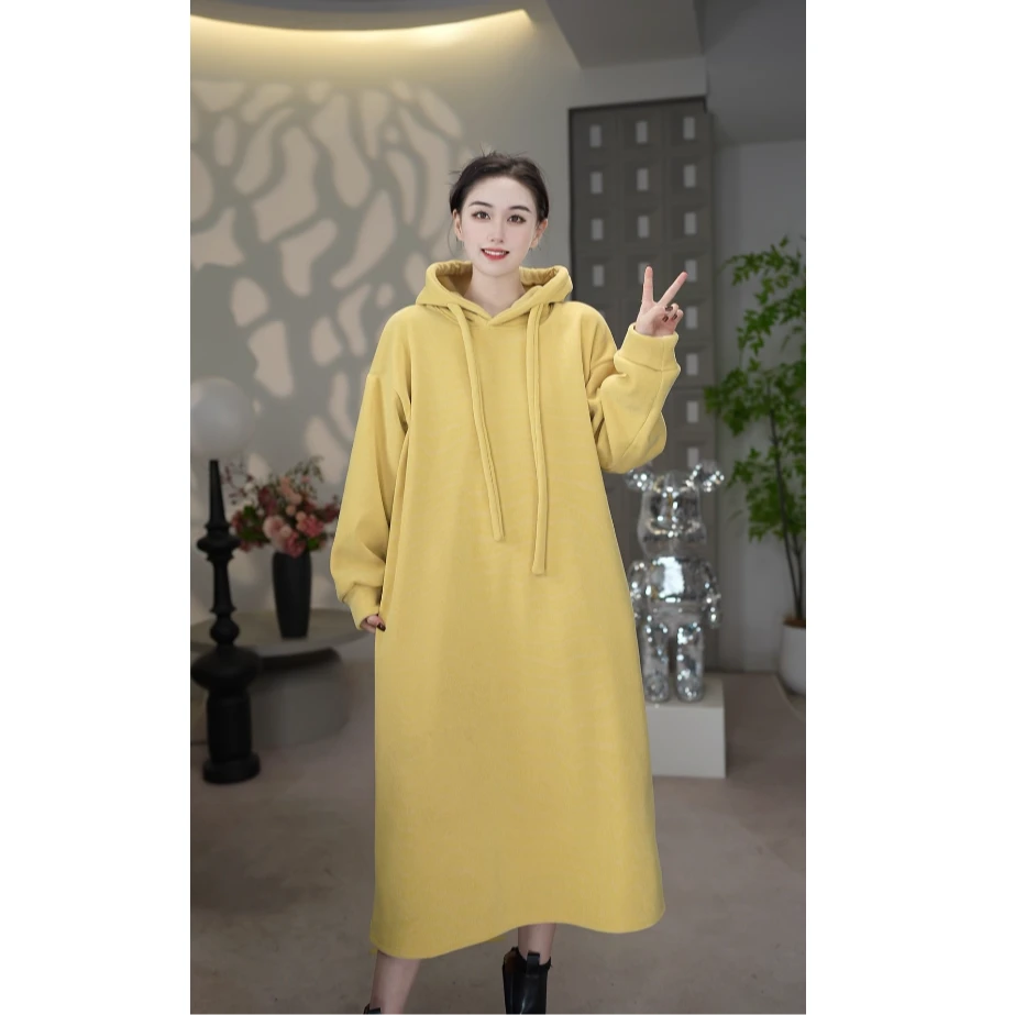 优享丽-2024年冬款欧棉绒气质长袖连帽中长款加绒加厚连衣裙32553