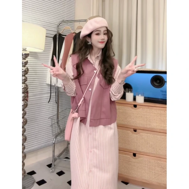 溪溪家-早秋中长款衬衫裙+宽松款百搭马甲两件套（1）45176