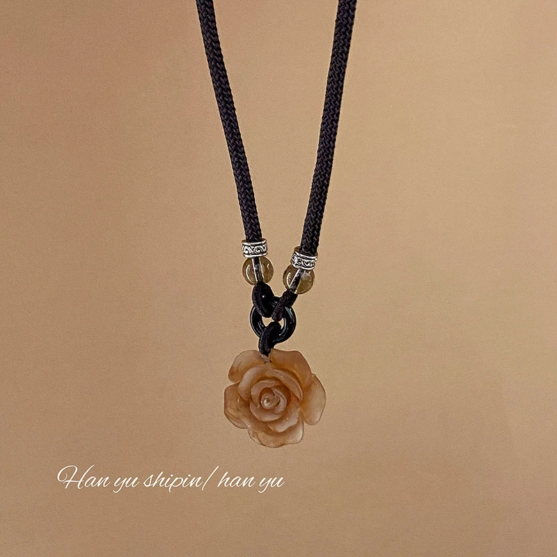 合金布艺项链 山茶花项链中国风气质毛衣项链