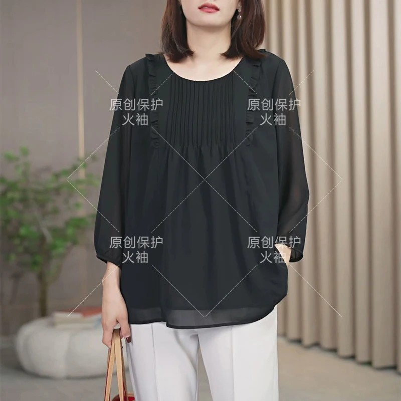 火袖8511时尚圆领压褶上衣女2024新款宽松显瘦妈妈装洋气小衫