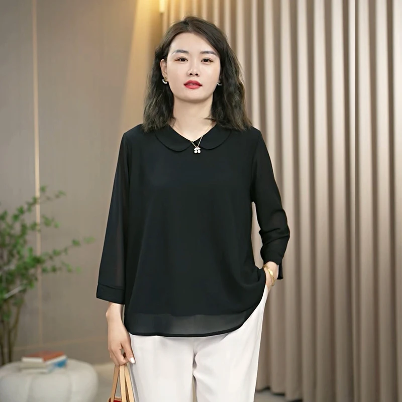 火袖8592时尚2024新款娃娃领宽松显瘦妈妈装纯色长袖上衣