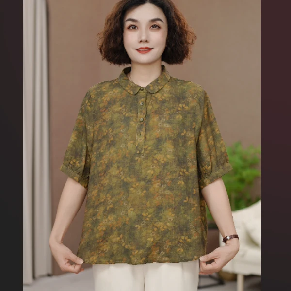 火袖D506时尚气质中老年翻领印花短袖2024夏新款宽松遮肉百搭上衣