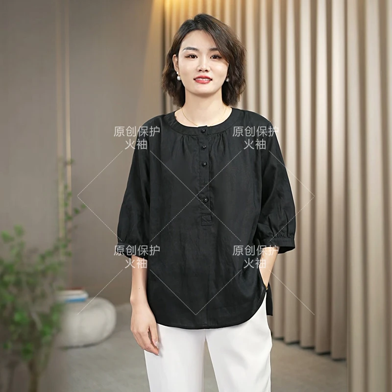 火袖D377时尚气质大码妈妈装黑色短袖2024夏新款宽松遮肉百搭上衣