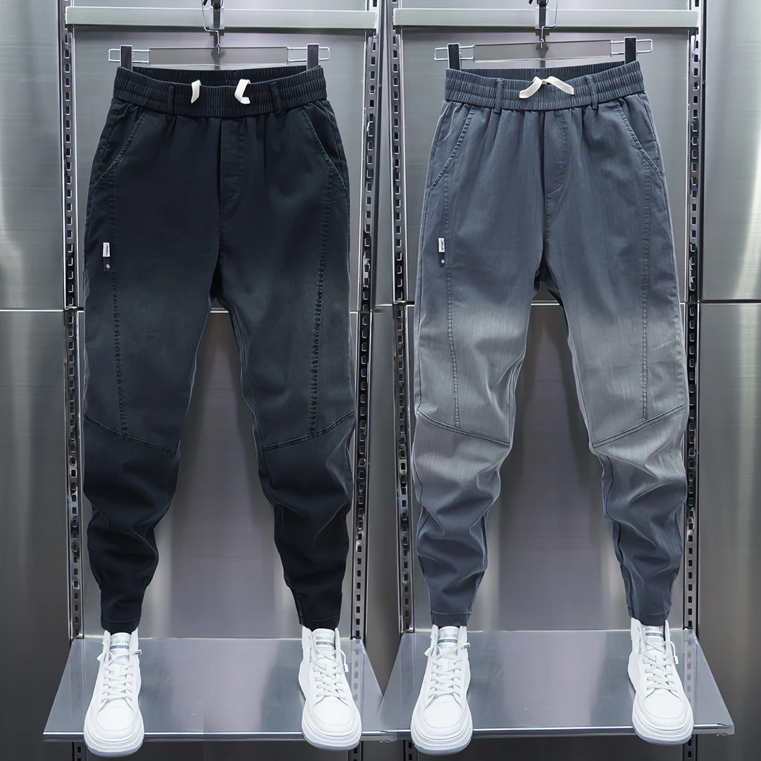 男士夏季薄款牛仔裤潮牌渐变色拼接修身小脚裤弹力束脚显瘦休闲裤