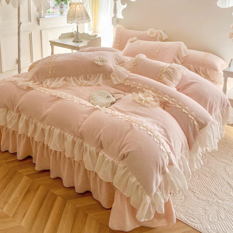 【婉情严选】秋冬新款牛奶绒雕花绒床盖款公主风四件套夹棉保暖韩版