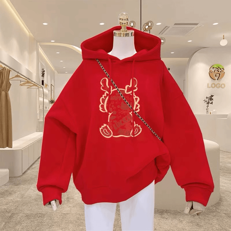 时尚红色本命年连帽卫衣女2024秋冬新款爆款加绒国潮上衣龙年外套