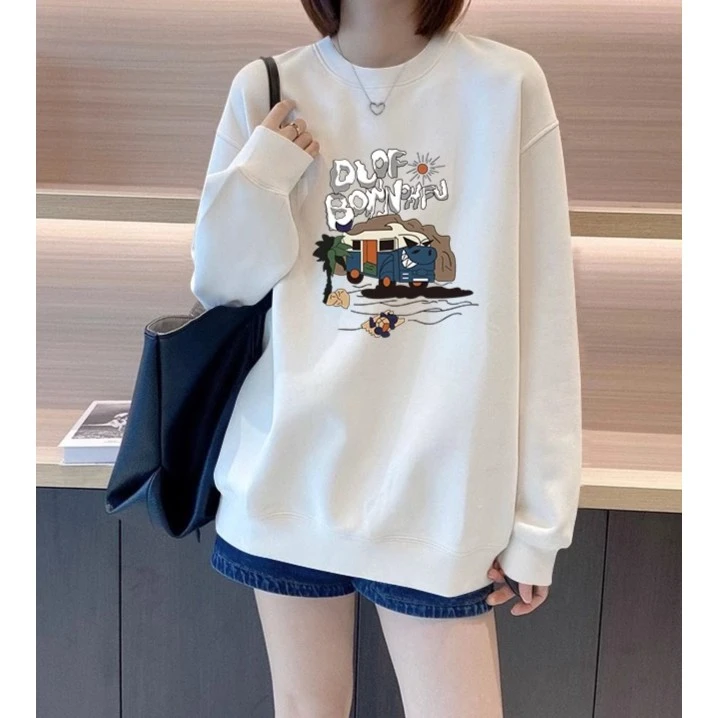 美式复古白色卫衣女加厚加绒冬宽松圆领大码港味复古chic上衣无帽