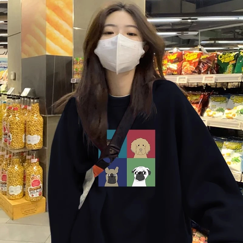 黑色质感圆领卫衣女2023年新款欧货大版宽松加绒时尚百搭外套上衣