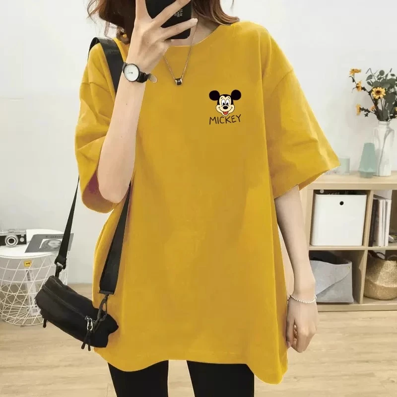 姜黄色T恤女短袖宽松纯棉2025新款夏季欧货大版米奇休闲长款上衣