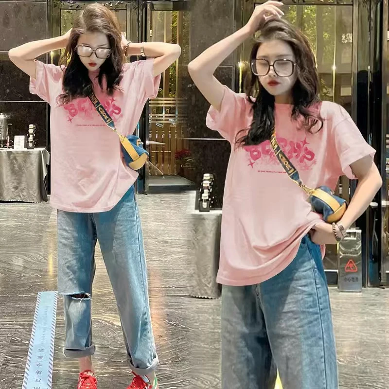 纯棉粉色字母短袖t恤女夏季2026新款中长款宽松大版遮屁股上衣ins